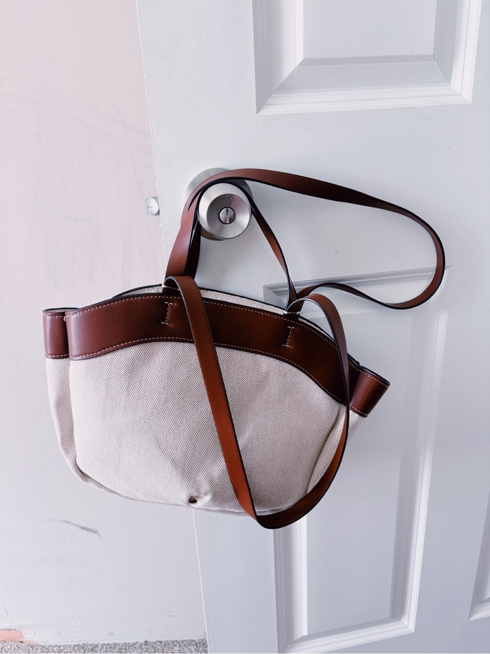 SHEIN Cream Canvas Mini Bag with Brown Trim